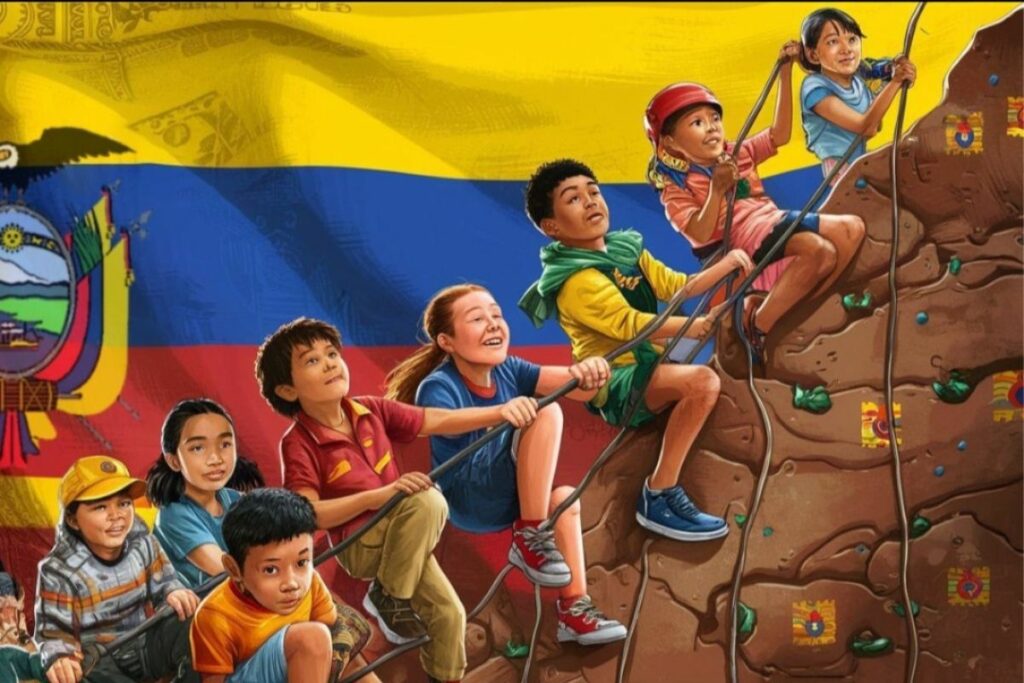 Imagen creada en Ideogram con el prompt: Niños ecuatorianos escalando hacia el futuro, detrás la bandera gigante del Ecuador.