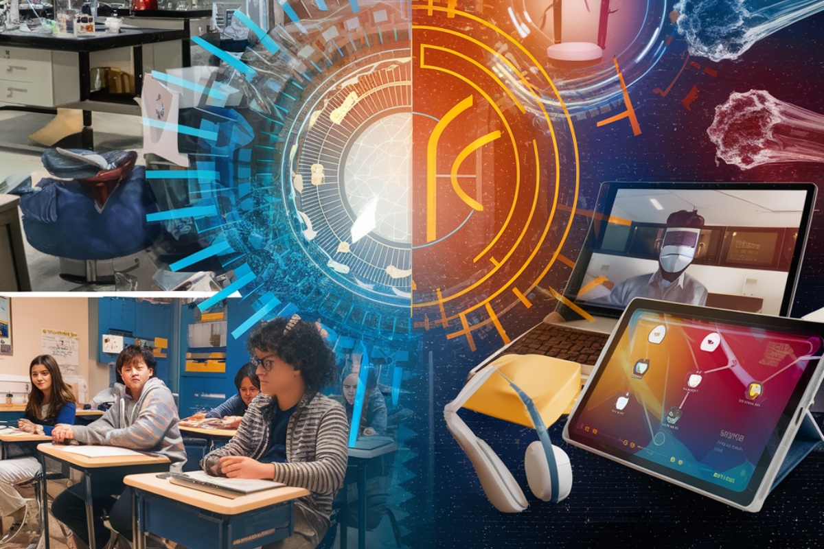 Imagen generada en Ideogram con el prompt: Construir un collage donde se combinen la ciencia y las tecnologías aplicadas a la educación, y de manera especial a los aprendizajes.