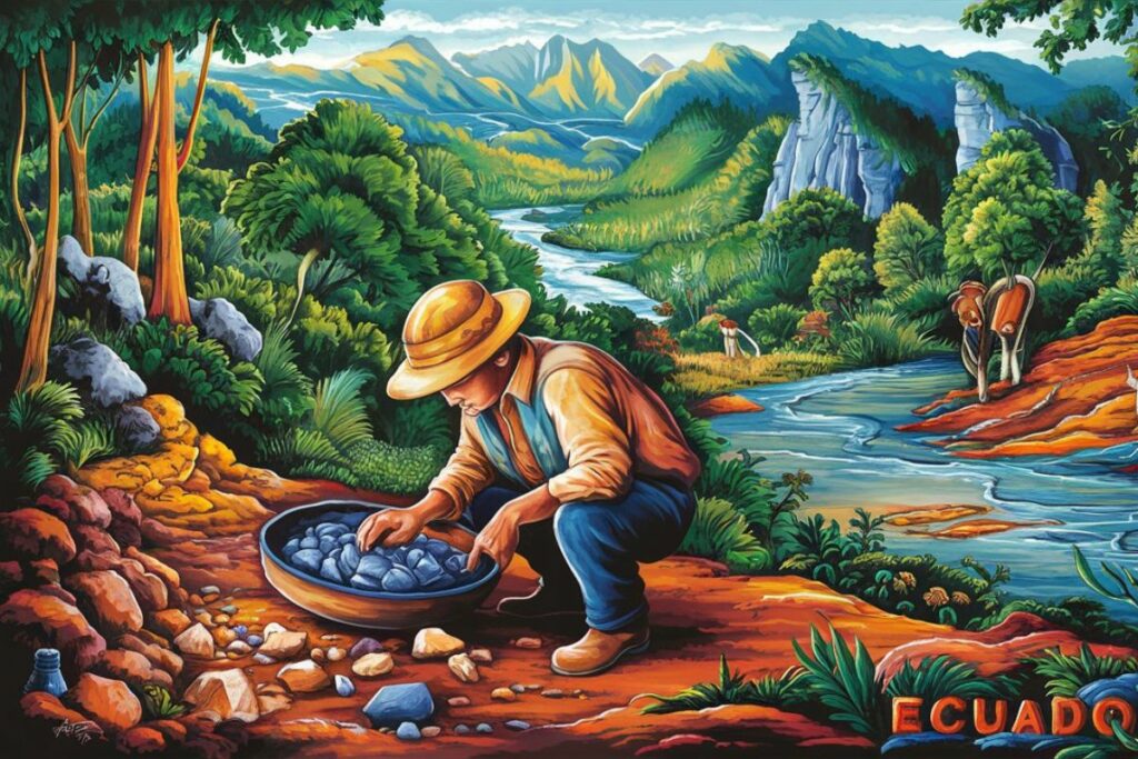 Imagen creada en Ideogram con el prompt: Minería en medio de la naturaleza, medioambiente ecuatoriano.