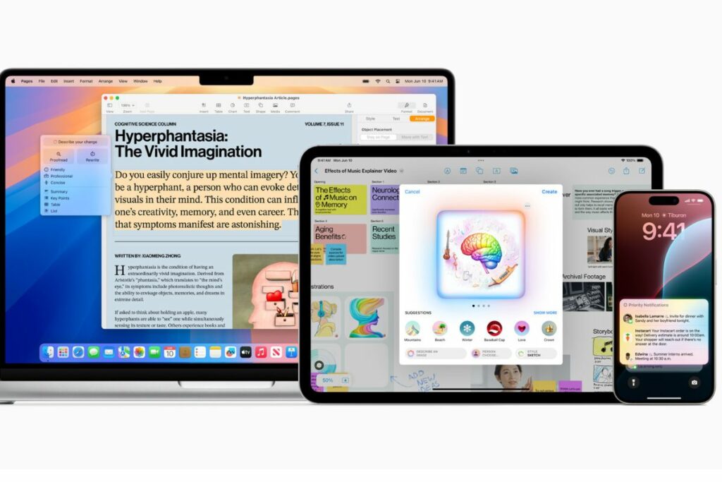 Apple Intelligence estará disponible desde septiembre de 2024 en el iPhone 15 Pro y Max y los modelos 16, y los iPad y Mac que tengan el chip M1 y versiones posteriores. Cortesía: Apple