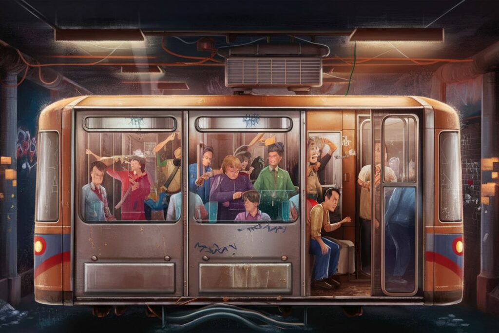 Imagen creada en Ideogram con el prompt: Imagen ilustrativa del Metro de una ciudad, caotizado por mala administración y falta de servicios como aire acondicionado y seguridad