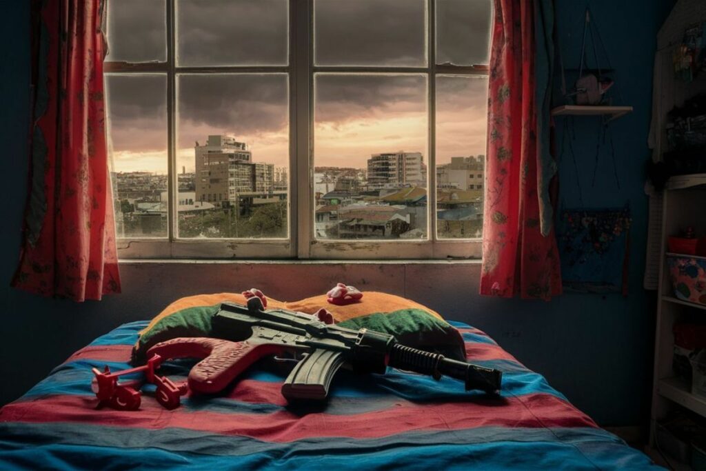 Imagen creada en Ideogram con el prompt: Armas de juguete encima de una cama, detrás en la ventana se ve una ciudad ecuatoriana.