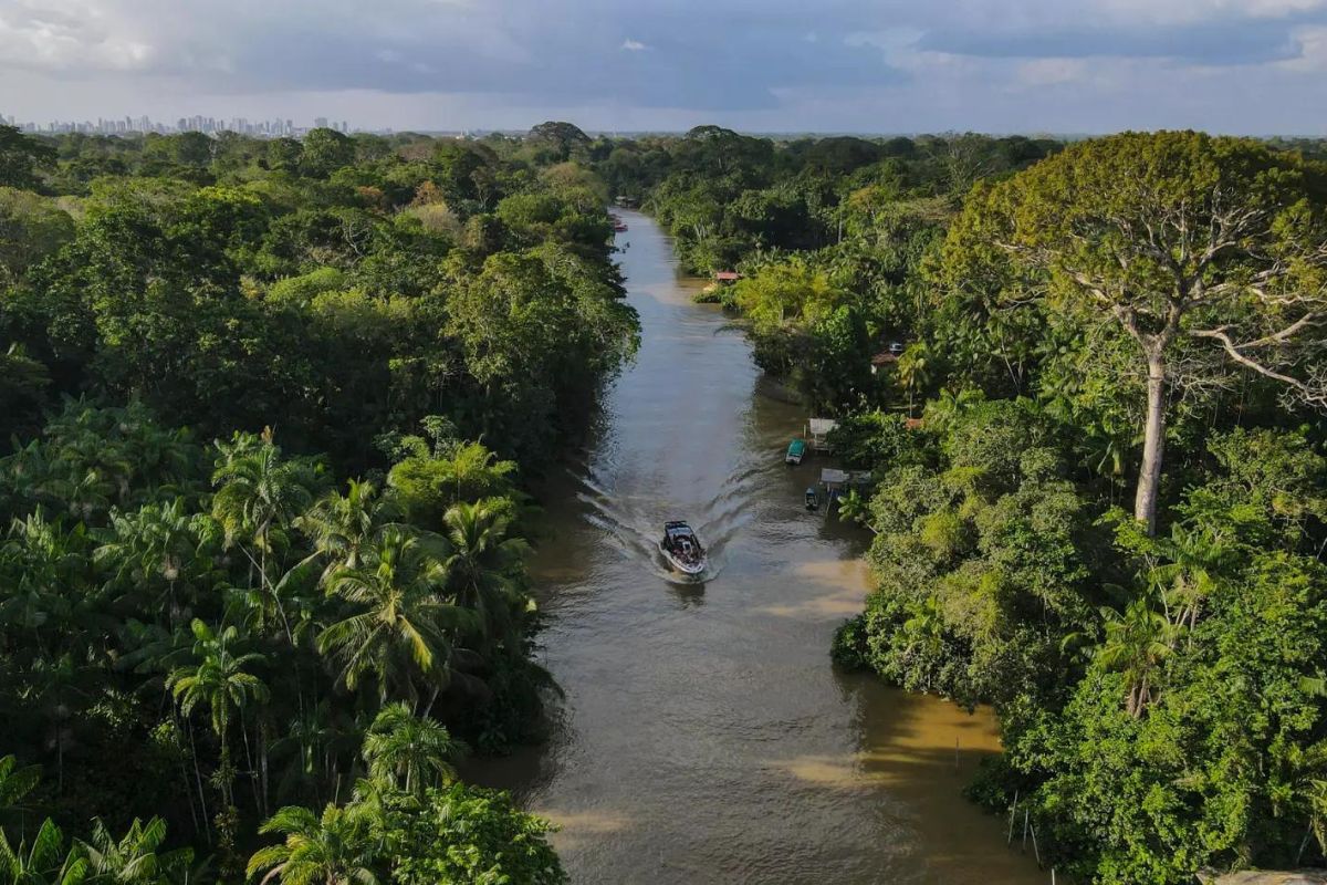 Fotografía aérea de un bote navegando por un río en una zona de la floresta Amazónica, en el estado de Pará, norte de Brasil.
