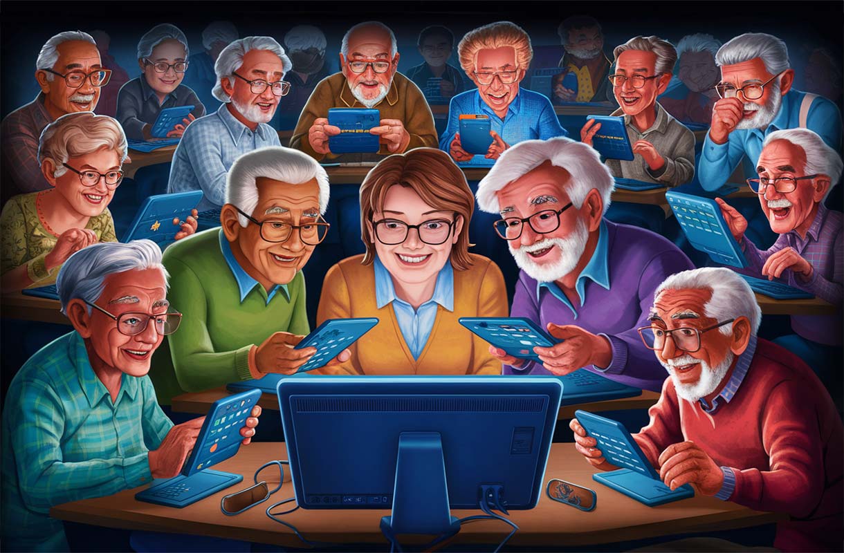 Imagen generada en AI con Ideogram, con el promtp: Personas de la tercera edad, hombres y mujeres, participan en aulas virtuales con tutorías online, con diferentes aplicaciones tecnológicas.
