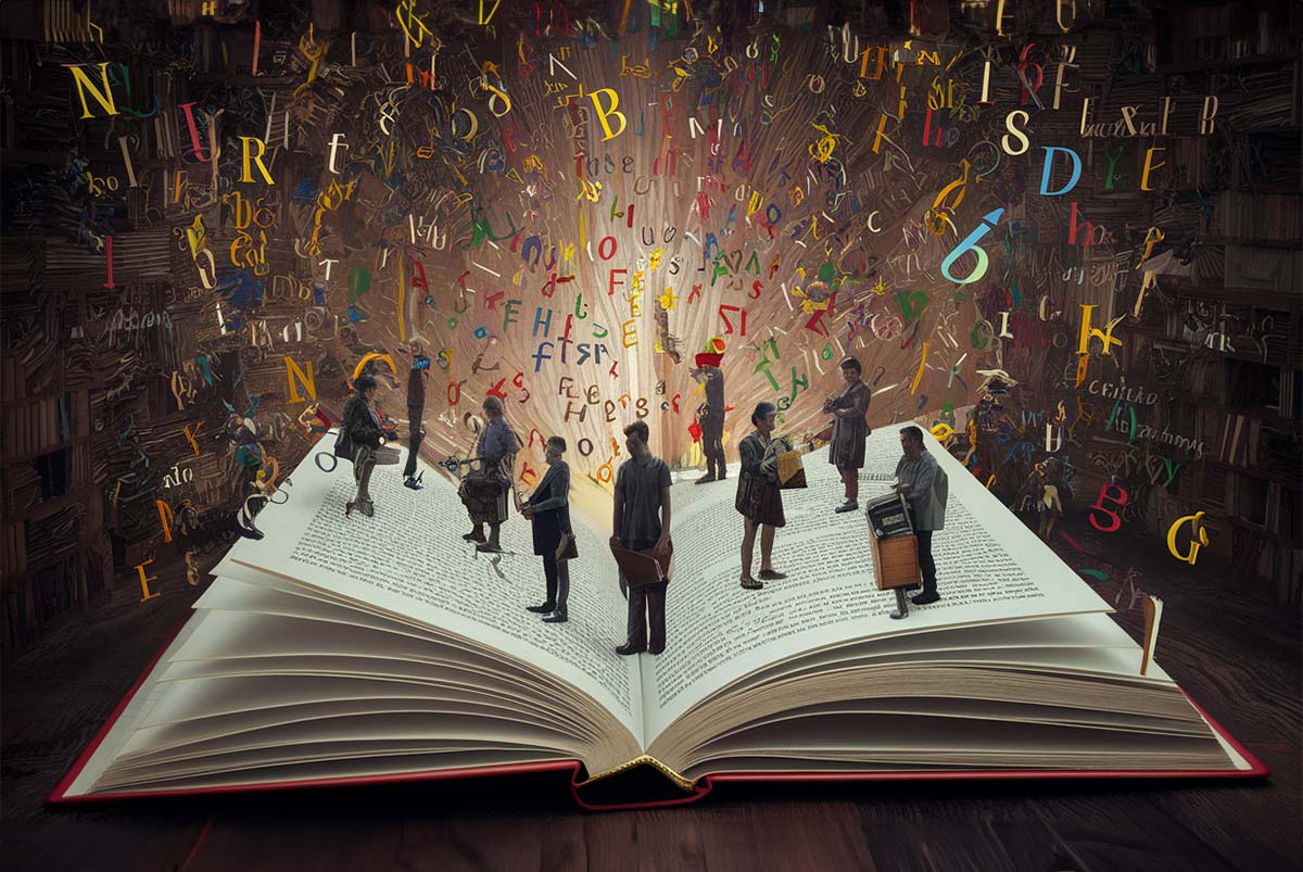 Imagen generada en Ideogram con el prompt: Integrar lectores de todas las edades y etnias en un libro abierto muy colorido, lleno de letras del alfabeto y autores que “flotan”.