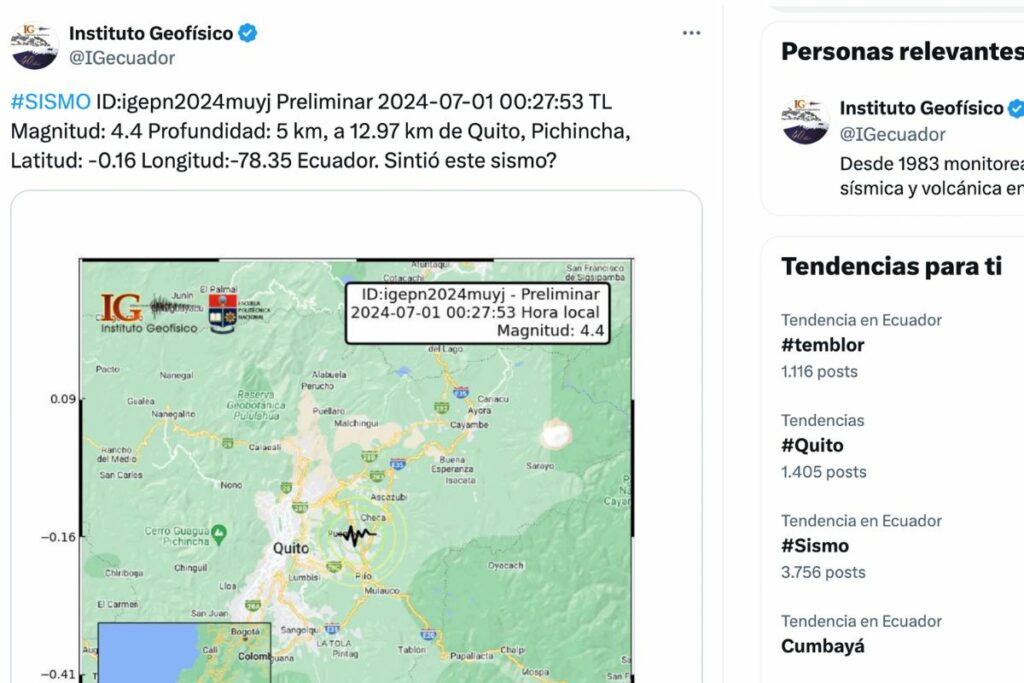 Un temblor sació a Quito, la madrugada de este lunes 1 de julio de 2024.